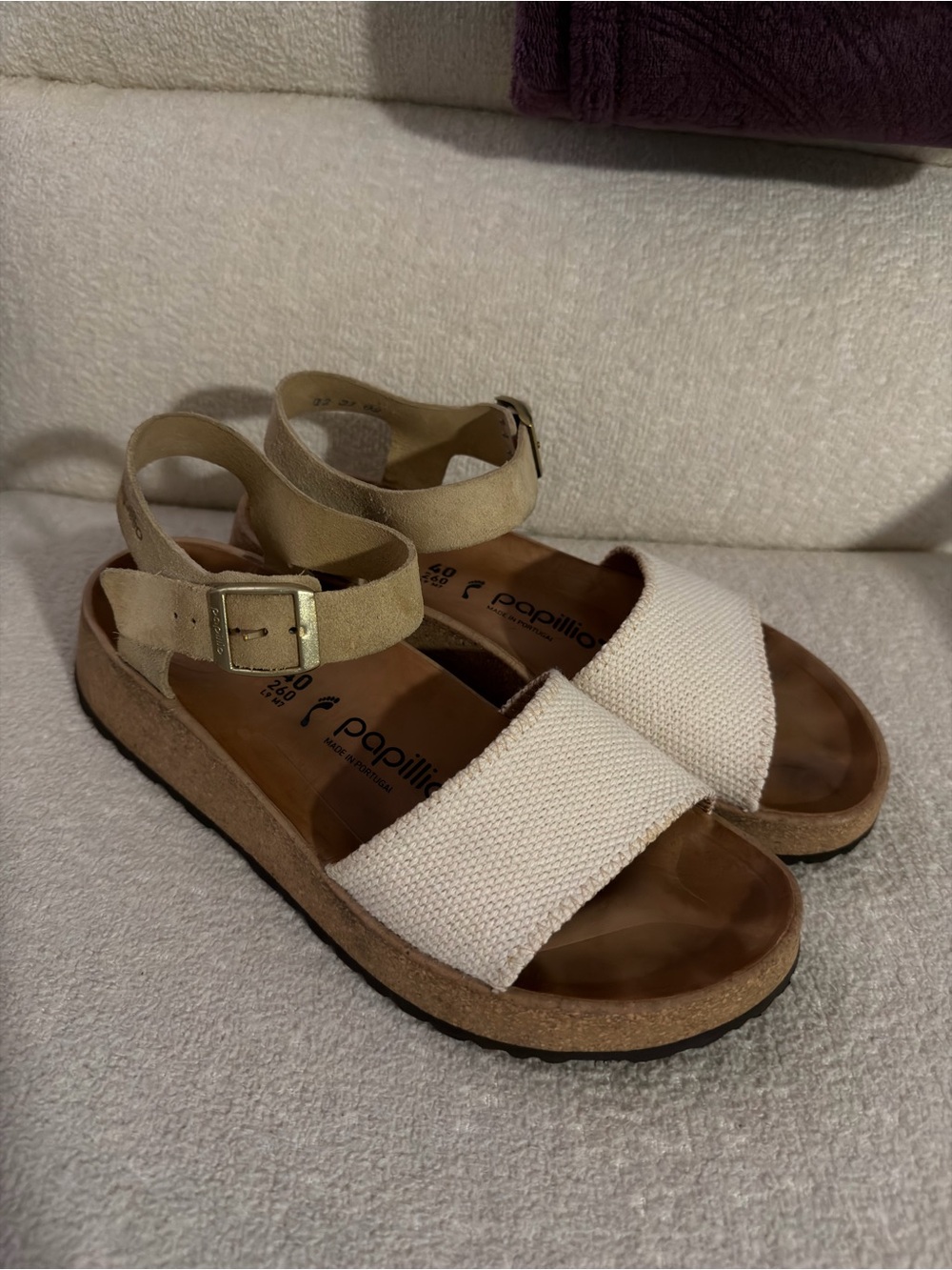 Papillio Tan Suede Strap Sandals with Gold Buckle